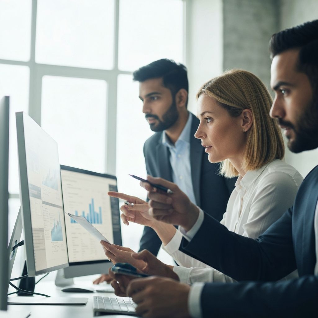 Profesionales de TI analizando reportes gerenciales en una oficina moderna