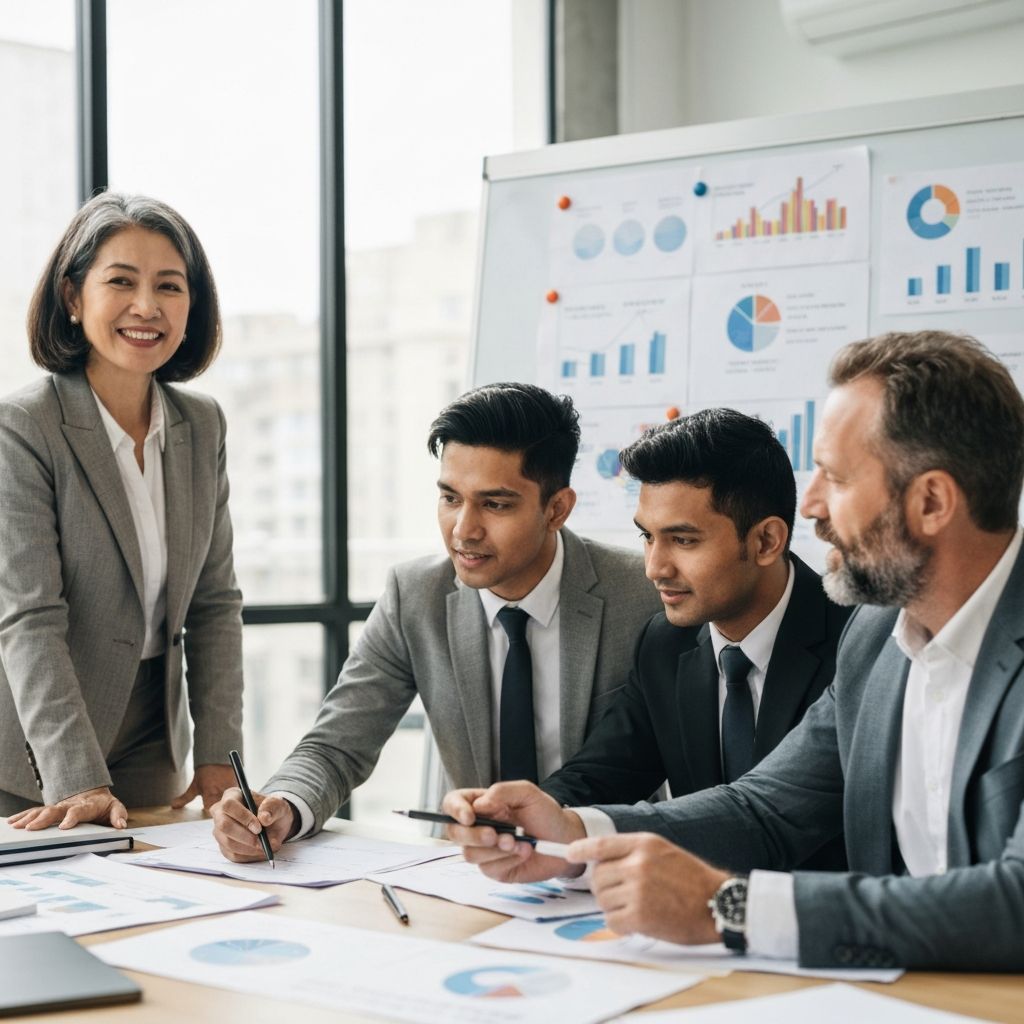 Equipo de consultores configurando sistemas de reportes gerenciales en una sala de reuniones