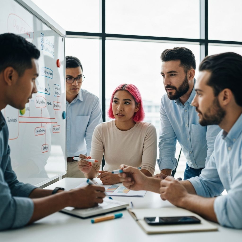 Equipo profesional colaborando en la configuración de sistemas de reportes en una oficina moderna